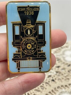 Steam Train Lions 1938 Enamel Lapel Pin - Light Blue & Gold